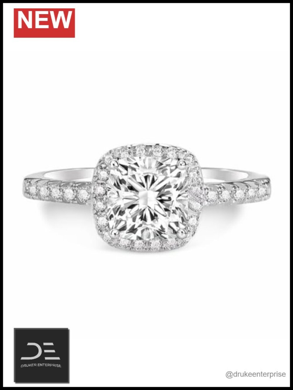 1 Carat Moissanite Halo Engagement Ring Platinum Plated Silver Size 10.5